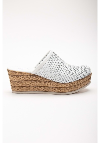 Analin Shoes Kadın Hakiki Deri Burnu Kapalı Dolgu Topuk Terlik Beyaz