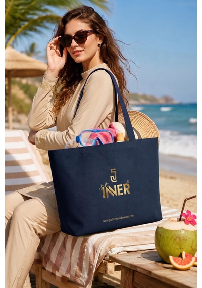 Just Inner Tekli Pamuklu Bez Çanta Büyük Boy Cırtcırtlı 48x34 Cm Çevre Dostu Günlük Gıft Lacivert