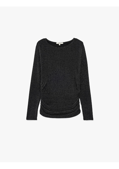 Koton Slim Fit Uzun Kollu Yuvarlak Kayık Yaka Simli Tişört Siyah 6wak50006ek SIYAH