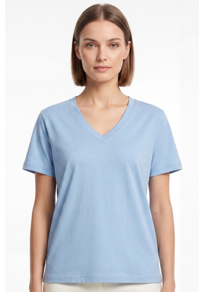 Goffra Kadın Vision V Yaka Premium Kalite Yoğun Dokulu Pamuklu T-shirt Açık Mavi W102-r0220-04