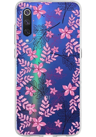Xiaomi Mi 9 Uyumlu Kapak Floral Pembe Tasarımlı Şeffaf Silikon Kılıf