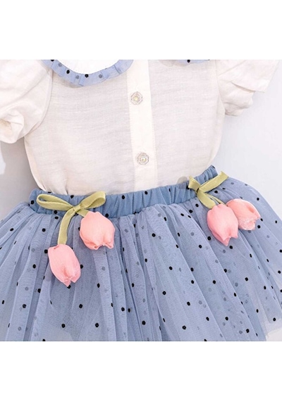 Ministok Eliza Yakası Nakışlı Şortlu Tütü Etekli Kız Bebek Takım Mavi