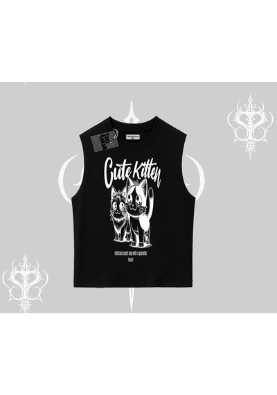 Tarzsokak Cute Kitten Yazılı Sevimli Kedi Baskılı Kolsuz Tshirt Siyah