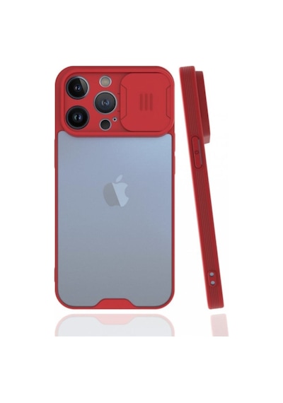 Fibaks iPhone 13 Pro Uyumlu Kılıf Sürgülü Ultra Ince Renkli Kamera Korumalı Koruyucu Kırmızı