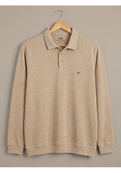 Maccali Erkek Bej Büyük Beden Polo Yaka Battal Sweatshirt