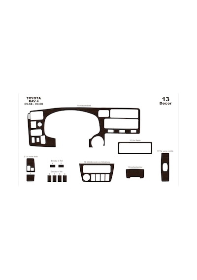 Toyota Rav 4 Torpido Kaplama 1994-2000 13 Parça Koyu Meşe