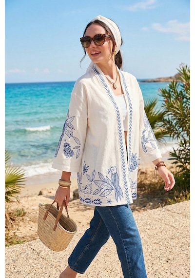 Lela Nakış Işlemeli Pamuklu Oversize Fit Truvakar Kol Bayan Kimono 676302 Ekru