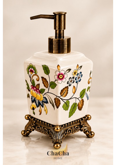 Chacha Home Aurelia Seramik Sıvı Sabunluk 470 Ml Antik Bronz Görünümlü Ayaklı Ve Pompalı 22 Cm Çok Renkli