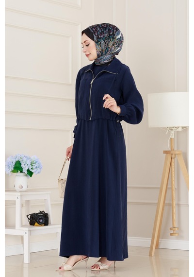 Sevitli Cep Detaylı Cepkenli Ela Elbise-lacivert-5079