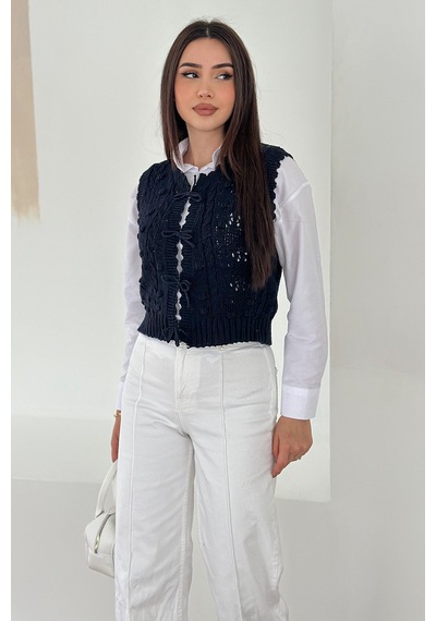 Noa & Noa Kadın Ponponlu Bağlamalı Triko Süveter Dokulu & Romantik Stil Lacivert