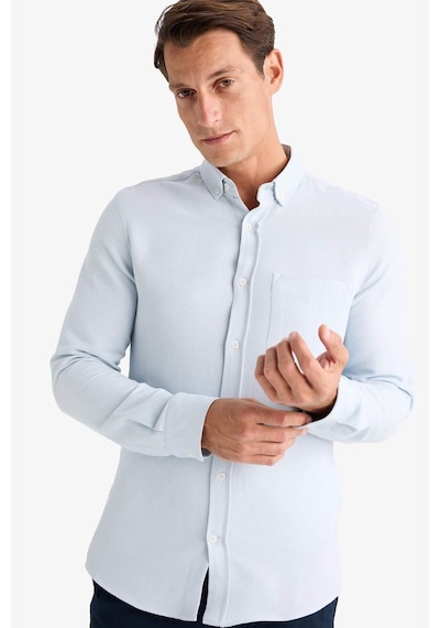 DeFacto Slim Fit Dar Kesim Düğmeli Dokulu Düz Pamuk Karışımlı Uzun Kollu Gömlek T2066AZ24AUBE723