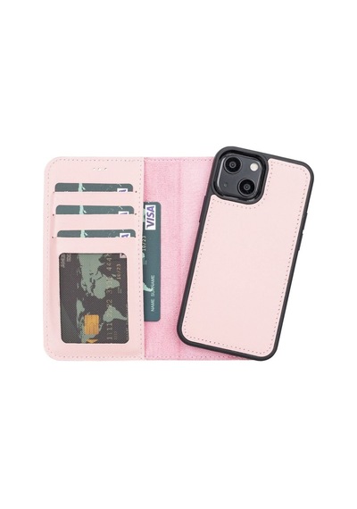 Apple Uyumlu  iPhone 13 Mini Deri Cüzdanlı Kılıf Nu2 Pembe