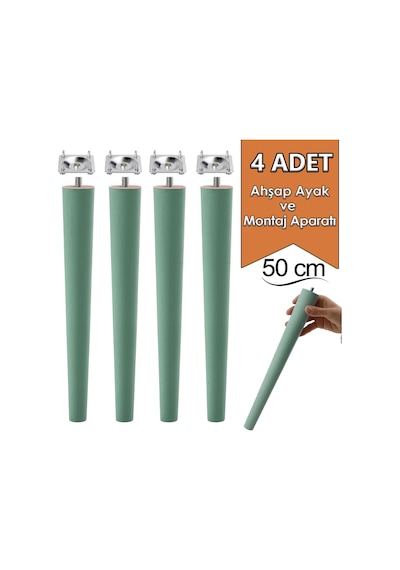 4 Adet Ahşap Ayak 50 Cm Su Yeşili M8 Civatalı Bağlantı Aparatlı Mobilya Tabure Sehpa Masa Destek Ayağı Yeşil