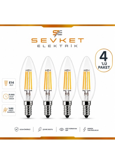 6w E14 Şeffaf Günışığı Mum Rustik Led Ampul 4 Adet