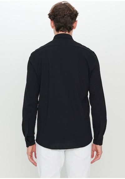 AC&Co / Altınyıldız Classics Erkek Sıyah 360 Her Yöne Esneyen Pamuklu Slim Fit Dar Kesim Düğmeli Yaka Örme Gömlek Siyah