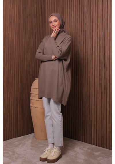Balenbi Kadın Dik Yaka Basic 80cm Salaş Oversize Triko Tunik 1145 Toprak