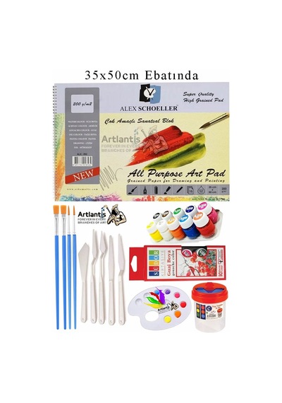 Alex Schoeller Çok Amaçlı Sanatsal Blok 35x50 200 Gr 15 Yaprak Südor 12 Renk 20 Ml Guaj Boya Plastik Spatula Fırça