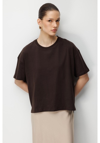 Mixray 4852 Kadın Yırtmaçlı Oversize Basic %100 Pamuk T-shirt Kahve Kahverengi