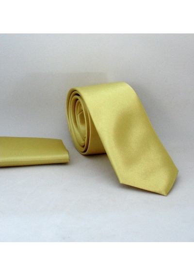 Gaffy Açık Gold Slim Fit İnce Düz Renk Mendilli Saten Kravat - SS-36 Açık Altın