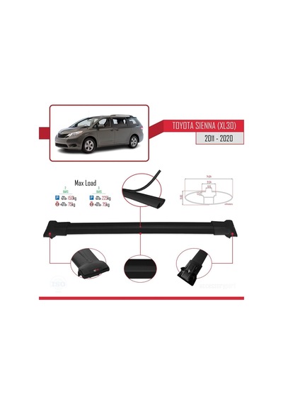 Toyota Sienna Xl30 2011-2020 Arası İle Uyumlu Fly Model Ara Atkı Tavan Barı Siyah