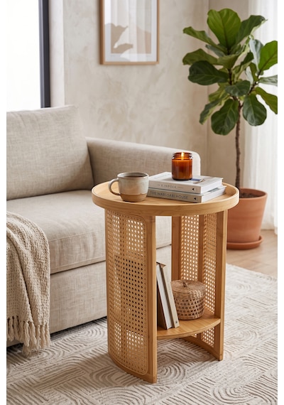 Robin Home Doğal Bambu Rattan Yan Sehpa Tepsili Yuvarlak Dekoratif Sehpa Bej