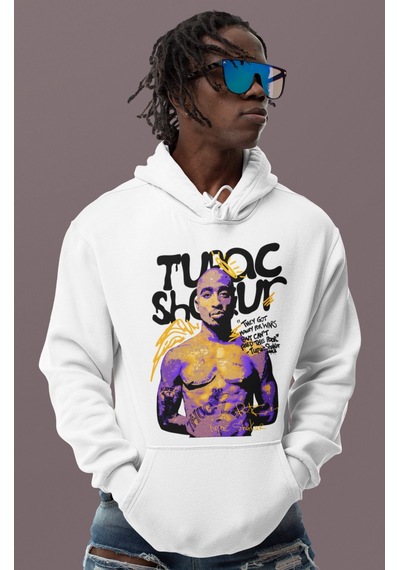 Sevbano Tasarım Tupac Rapper Baskılı Unisex Oversize 2pac Şarkıcı Hoodie beyaz