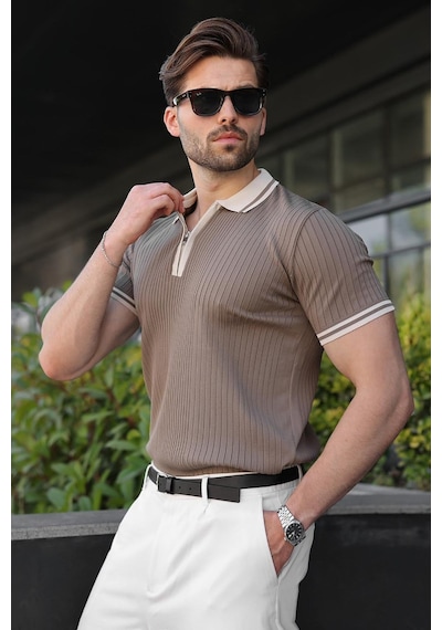 Madmext Açık Kahverengi Yarım Fermuarlı Polo Yaka Triko Erkek Tişört E7501 Madmext Açık Kahverengi Yarım Fermuarlı Polo Yaka Triko Erkek Tişört E7501