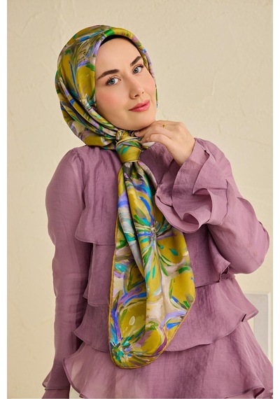 Silk Home Tivil İpek Eşarp Ist 11501- 02 Yağ Yeşili Çiçek Desen Bej