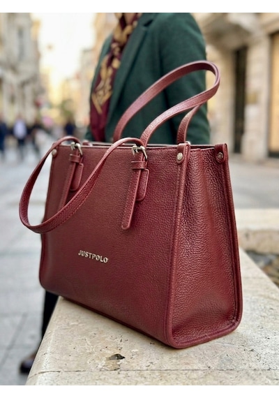 Just Polo Kadın Yeni Sezon Yumuşak Deri Büyük Boy Fermuarlı Lüks Tasarım El Çantası Shopper Bordo