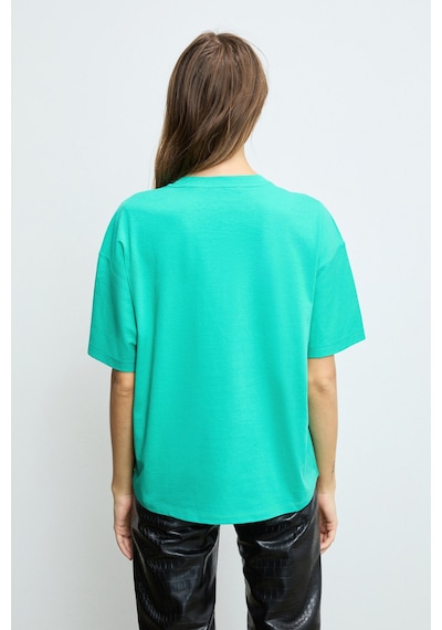 Grimelange LAGERTHA Kadın %100 organik Pamuklu Kalın Dokulu Oversize Fit Yuvarlak Yakalı Yeşil T-Shirt