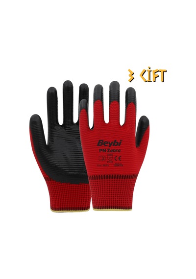 Beybi Polyester-nitril İş Eldiveni Pn5 Zebra No: 10 Kırmızı - 3 Çift