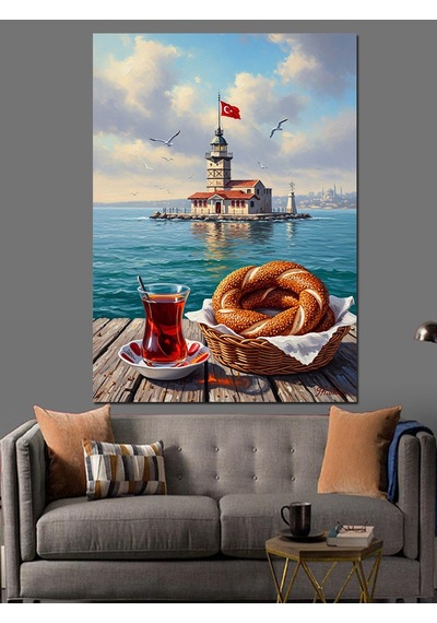 İstanbul Kız Kulesi Çay Simit Dekoratif Kanvas - Mdf Ahşap Tablo