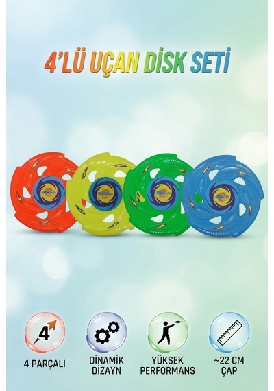 4'lü Uçan Disk Set 22 Cm Frisbee Renkli Eğlenceli Açık Alan Plaj Ve Park Oyun Seti