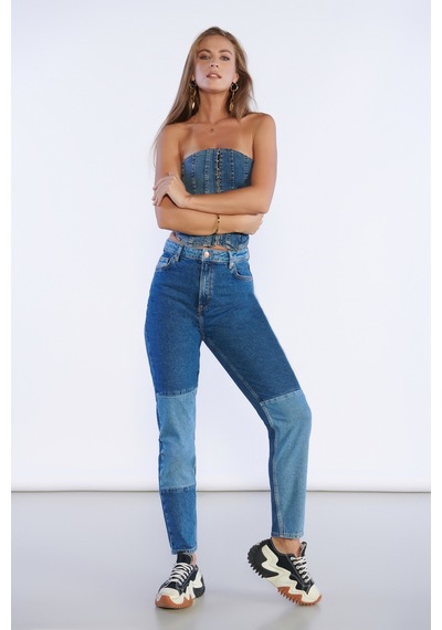 Lacivert Yüksek Bel Yama Detaylı Mom Jeans-lacivert Lacivert