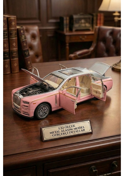 Rolls Royce Phantom 1:32 Ölçek Metal Model Araba - Pembe, Sesli Ve Işıklı, Kapıları Açılan 18 Cm