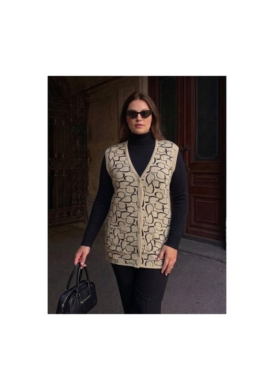Onno Style Women Kalp Desenli Düğmeli Klasik Çelik Örgü Triko Yelek Krem