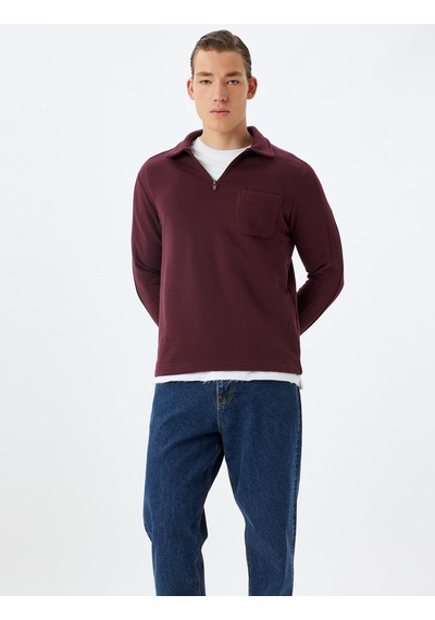 Koton Polo Yaka Sweatshirt Uzun Kollu Cep Detaylı Pamuk Karışımlı Bordo 5wam70061mk Bordo