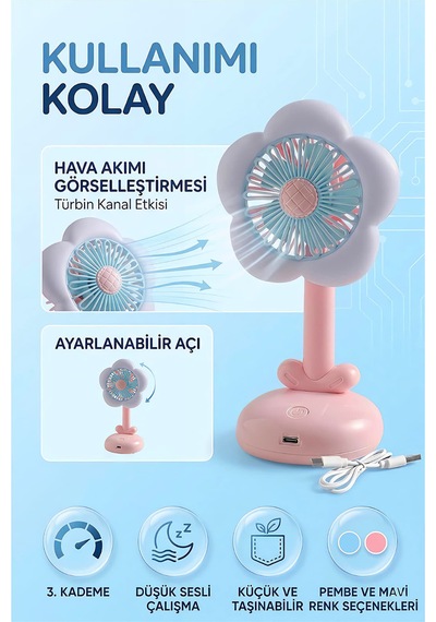Işıklı Çiçek Tasarımlı Mini Fan Mavi 3 Kademeli Masaüstü Vantilatör Pembe
