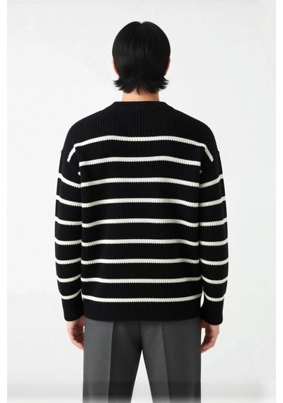 Frm Casual Erkek Kalın Triko Dokulu Bisiklet Yaka Çizgili Oversize Se Siyah