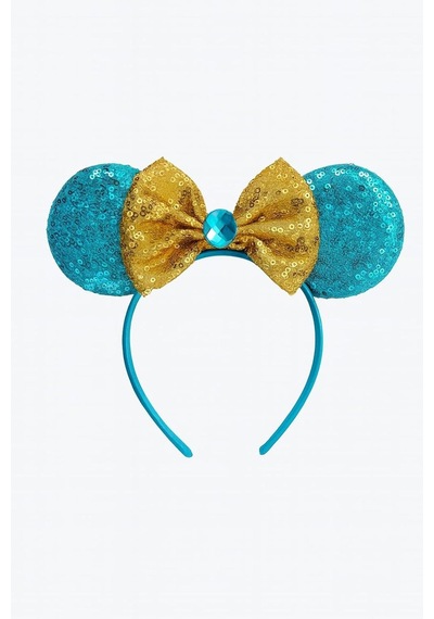 Pırıltılı Taç, Mavi Ve Gold Pullu Mickey Kulakları, Taşlı Fiyonk Detaylı Saç Bandı