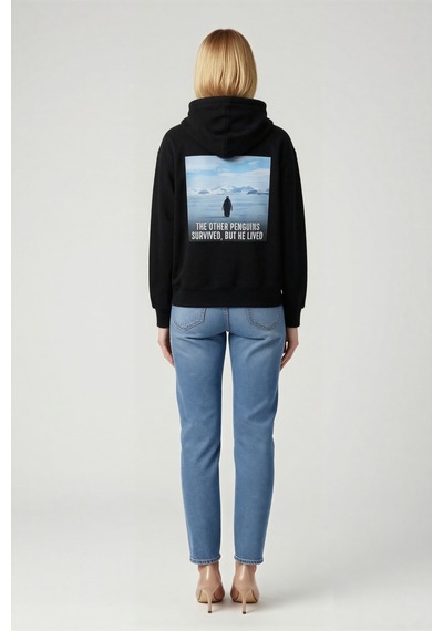 Ersefa Oversize Hoodie Fotoğraf Baskılı Penguen Temalı Felsefi Yazılı Ka siyah