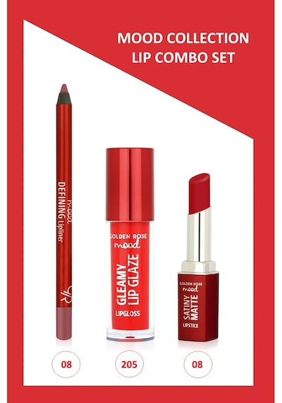 Mood Lip Combo Set - Defining Dudak Kalemi No:08 - Satiny Matte Ruj No:08 - Gleamy Dudak Parlatıcısı No:205 00