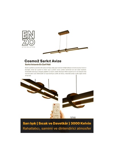 Cosmo 2 Bronz Lineer Led Sarkıt Avize Kumandalı Dim Edilebilir Aşağı Işık Sarı Işık