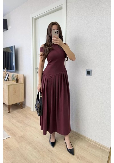 Reka Moda Asimetrik Düşük Yaka Kolsuz Uzun Elbise - Bordo Bordo
