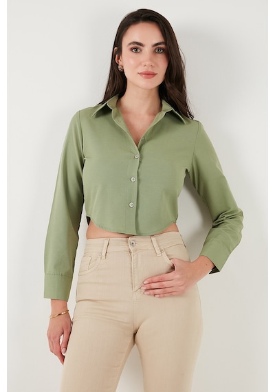 Lela Pamuk Karışımlı Slim Fit Uzun Kollu Crop Bayan Gömlek 6777336 Haki