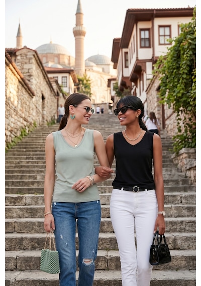 Lela Slim Fit V Yaka Kalın Askılı 2' Li Paket Bayan Bluz 5864384S2 Siyah-Çağla