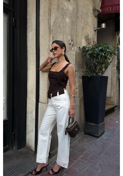 Meecy Kadın Ekru Wide Leg Jean Pantolon Dikiş Detaylı Kot Ekru Ekru