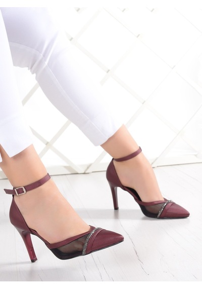 Erkan Saçmacı Kaylee Bordo Saten Fileli Taşlı Stiletto