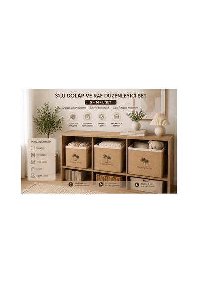 3lü Jüt Dolap Düzenleyici Saklama Kutusu Seti S+m+l Katlanabilir Çok Amaçlı Organizer Sepet 20x20z2 Doğal
