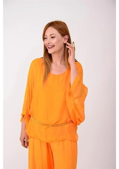 Bohem Stil İtalyan Yarasa Kollu İpek Bluz Oranj